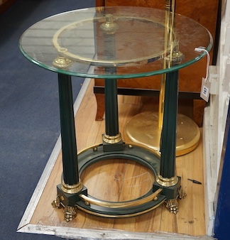 An Empire style circular brass mounted glass top occasional table, diameter 60cm, height 62cm